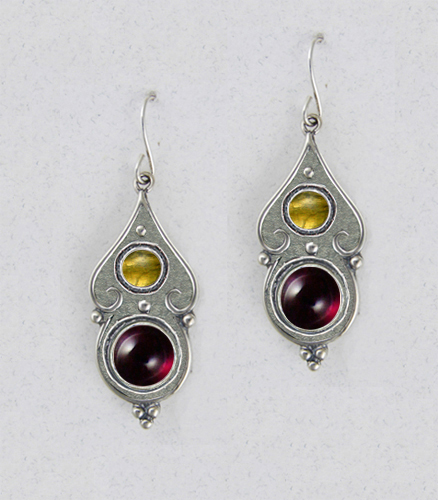 Sterling Silver Gothic Look With Garnet Citrine And Garnet Citrine Gemstone Drop Dangle Earrings